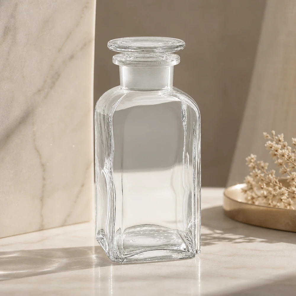 Flacon carré col large 350 ml + bouchon RIN, verre clair Bouteille en verre carrée de 350 ml avec bouchon rond en verre, à col large, transparente, vide