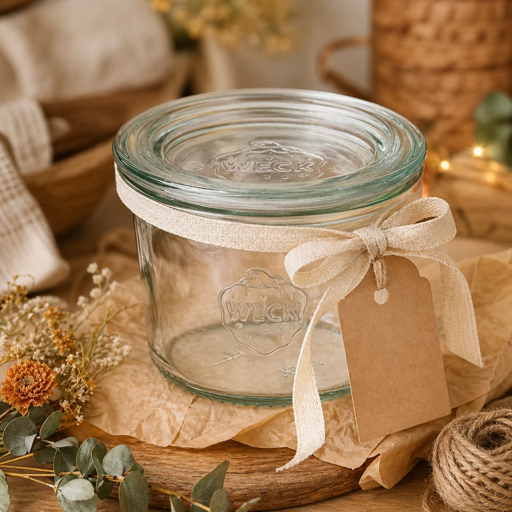 WECK Verre renversé 80ml RR60 mis en scène de manière décorative avec un ruban cadeau et une décoration d'automne sur une table en bois
