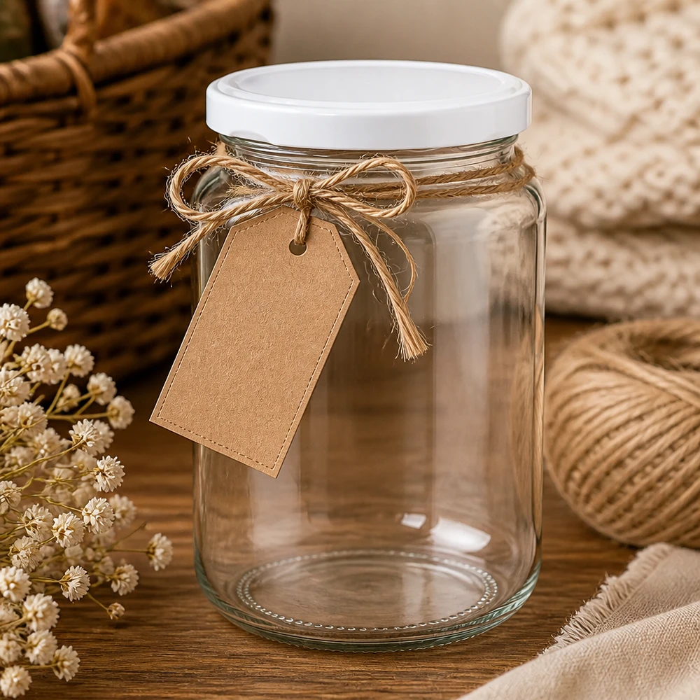 382ml Verre rond avec couvercle BasicSeal blanc UNiTWIST 382ml UNiTWIST Verre rond vide décoré avec une corde de jute et une étiquette cadeau sur une table en bois avec des fleurs séchées