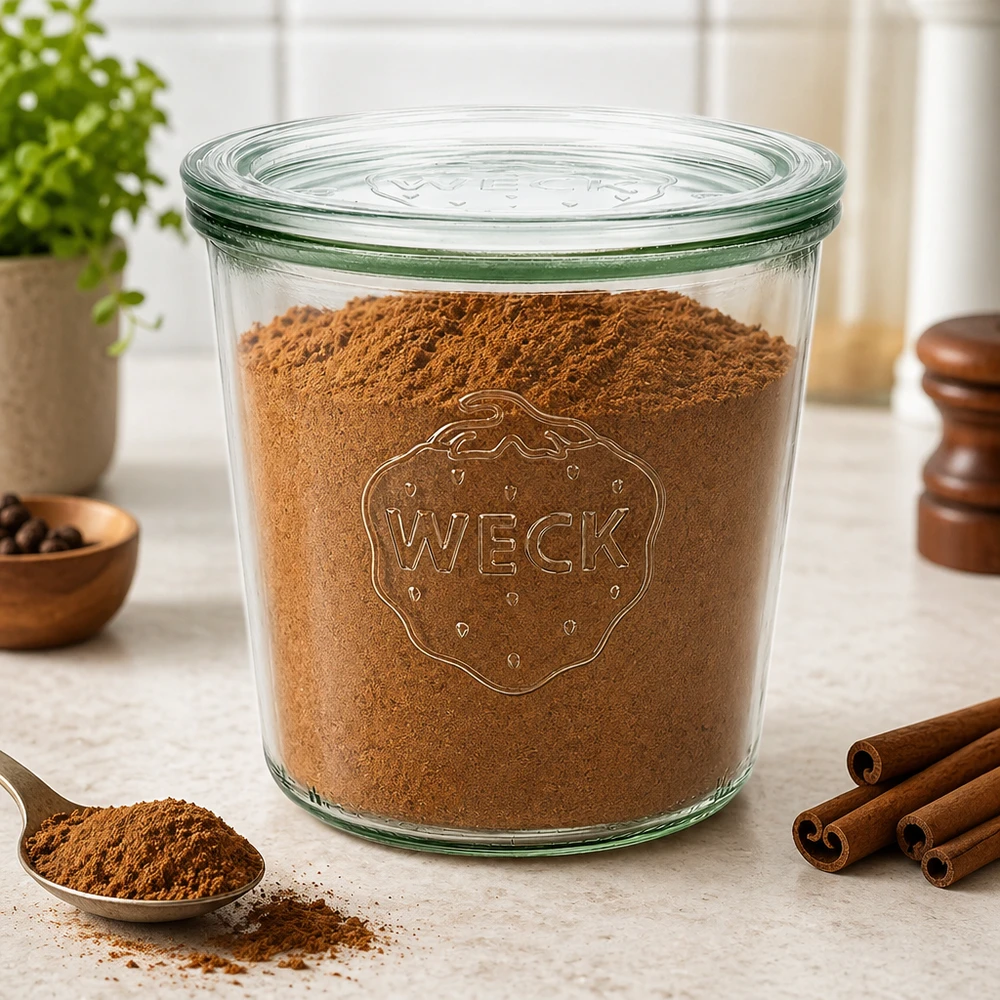 WECK Pot renversé 580ml RR100 rempli de cacao en poudre et de cannelle sur le plan de travail pour la conservation des épices