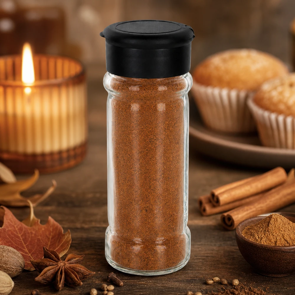 Pot à épices de 100 ml rempli de cannelle, avec une saupoudreuse noire, à côté de bâtons de cannelle et de muffins