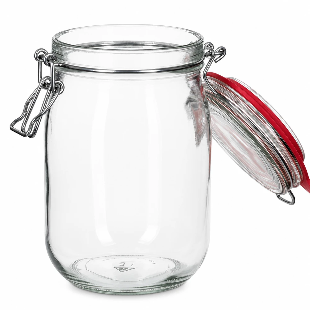 Bocal de conservation de 1 140 ml, type G, avec bouchon à clip UN.. Grand bocal en verre transparent avec joint en caoutchouc rouge et anse en métal 1140ml
