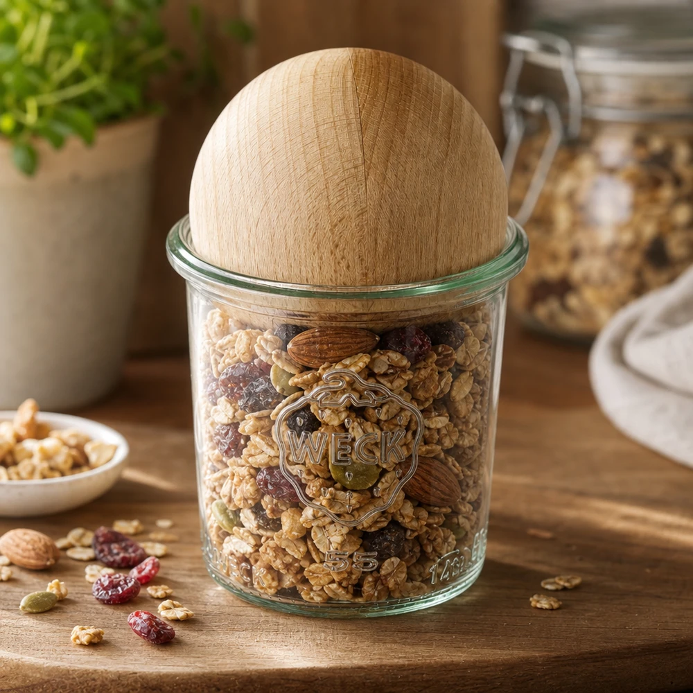 140ml bocal conique WECK RR60 avec boule en bois en hêtre WECK Pot de conservation 140ml RR60 rempli de noix et de fruits secs, bouchon boule en bois en hêtre comme couvercle