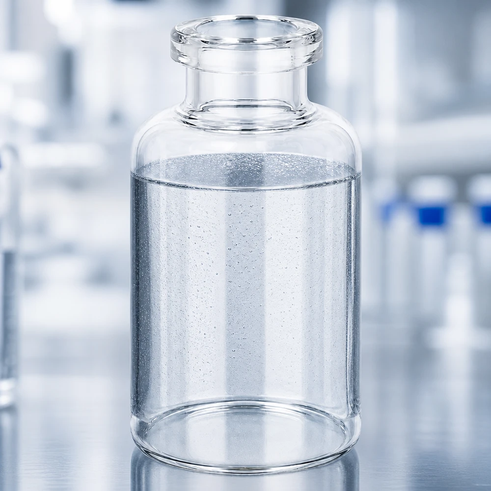 Flacon pour solution injectable, 30 ml en verre clair Transparente 30ml Pharmaglasflasche mit wässrigem Inhalt und sichtbaren Mikroblasen Laborumgebung