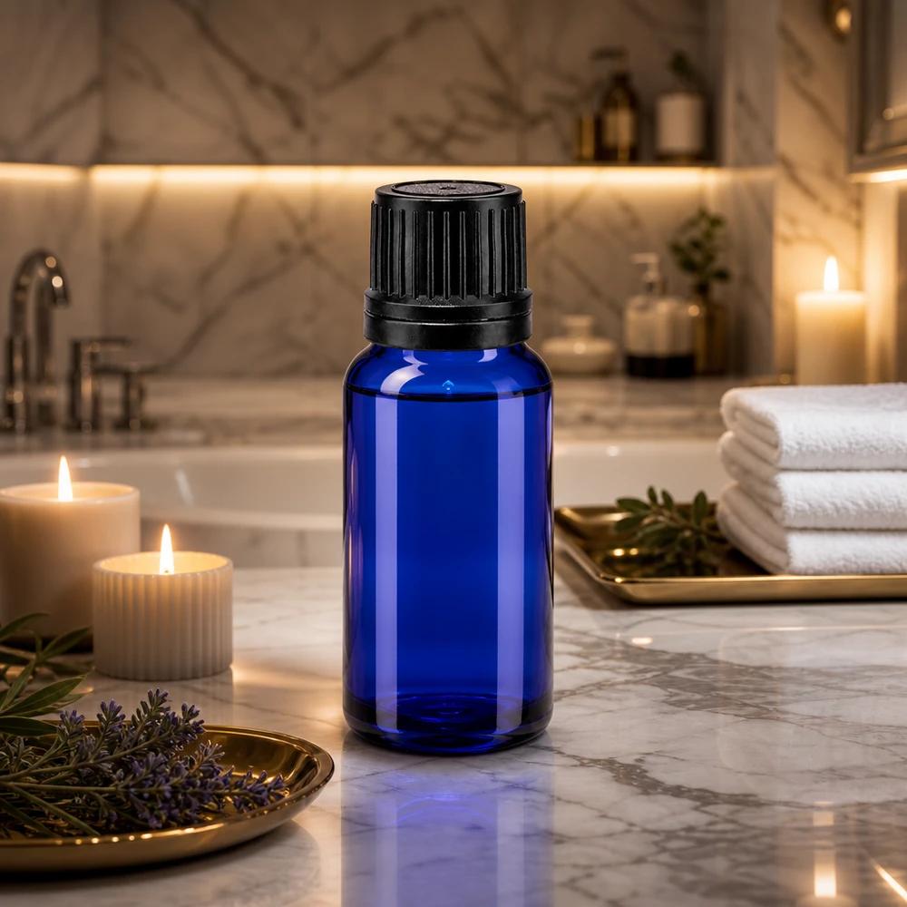 Flacon de pharmacie bleu de 10 ml avec bouchon OV noir, posé sur un fond marbré dans une ambiance bien-être