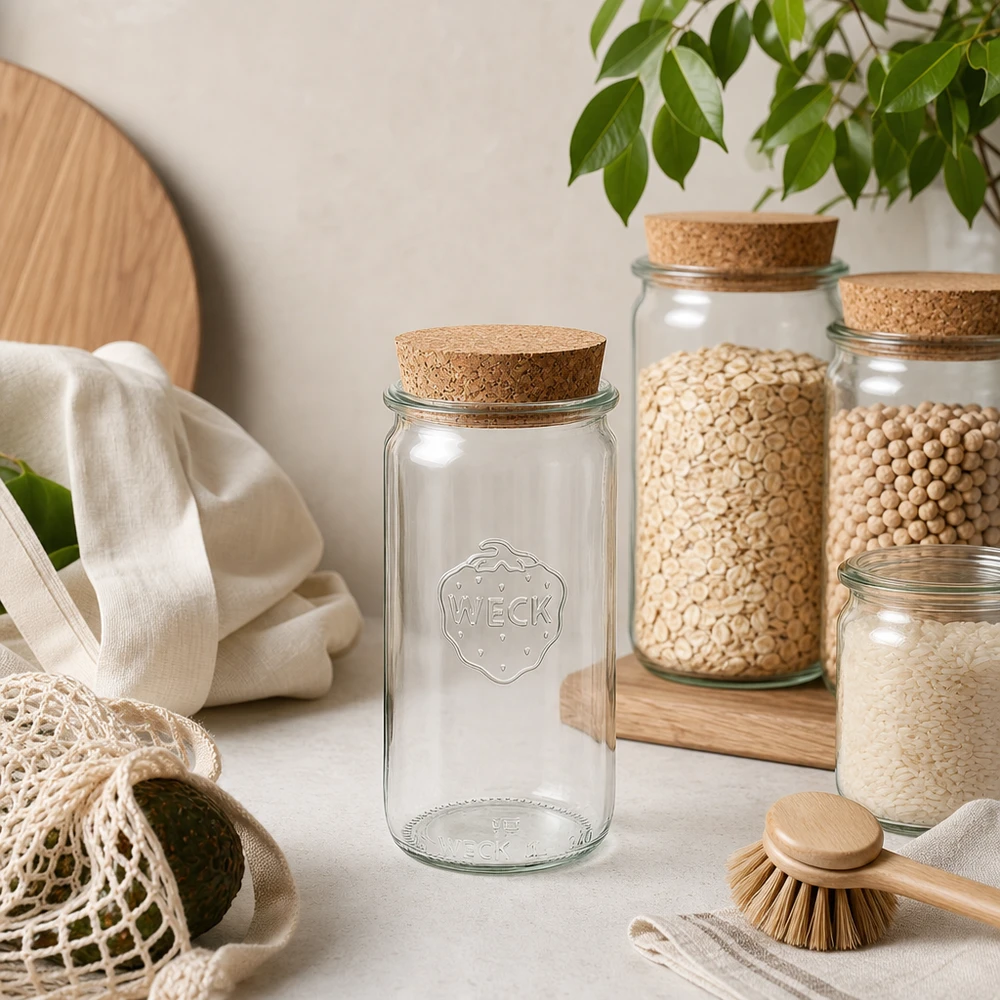 340ml bocal cylindrique WECK RR60 avec bouchon nature WECK Pot cylindrique 340ml RR60 avec couvercle en liège dans un environnement de cuisine naturel entre les bocaux à provisions et les textiles
