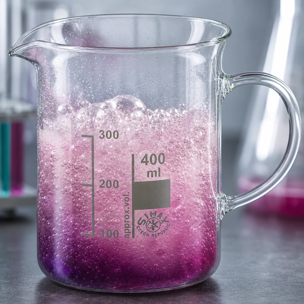 Verre de Becher de 400 ml avec anse, réaction mousseuse rose, bulles pétillantes, verre borosilicaté, laboratoire