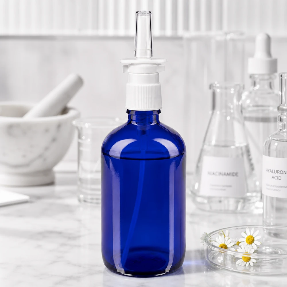 Flacon en verre bleu cobalt de 100 ml muni d'un embout vaporisateur nasal, entre les flacons de laboratoire contenant de la niacinamide et de l'acide hyaluronique