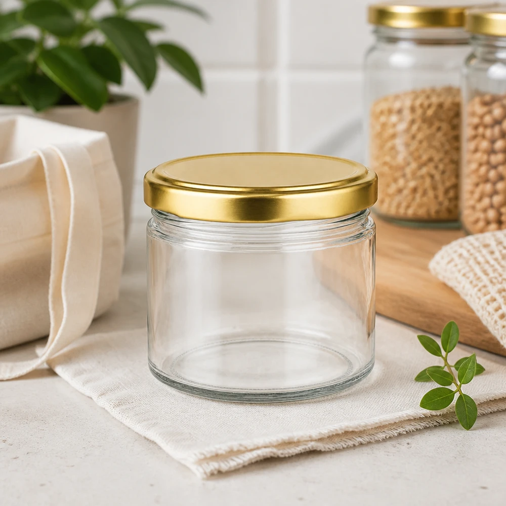 Verre rond de 540ml avec couvercle doré BasicSeal vide en décoration de cuisine durable avec fibres naturelles et plantes