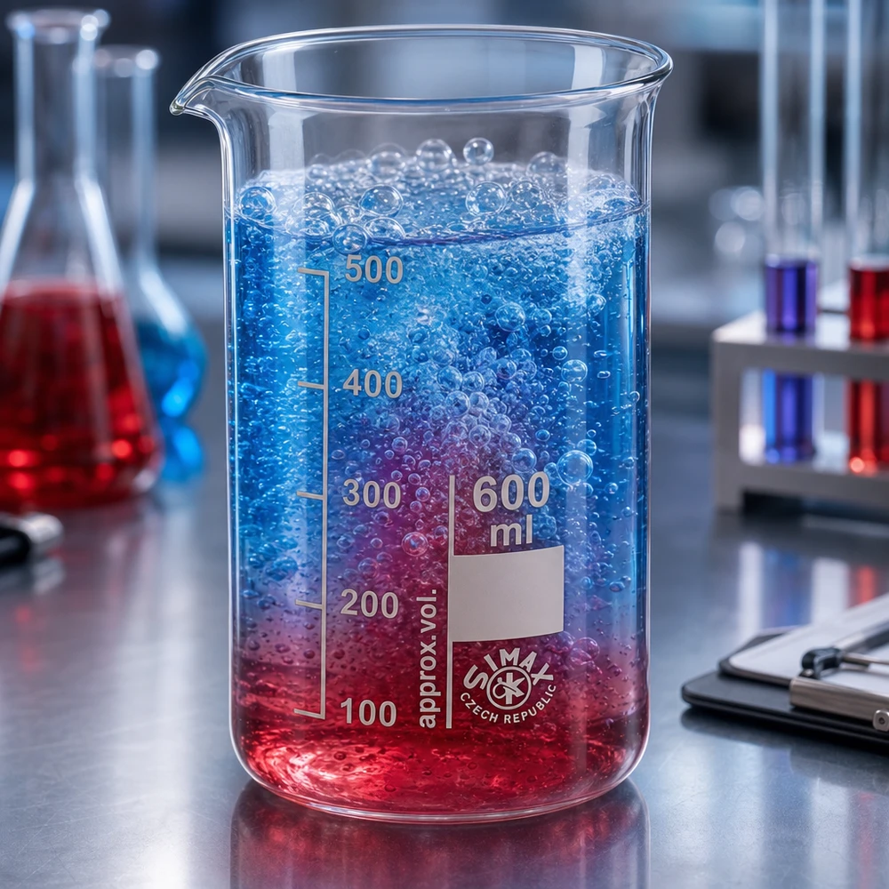 Bécher réactif de 600 ml contenant un liquide biphasique bleu et rouge et des bulles qui remontent à la surface, dans un laboratoire