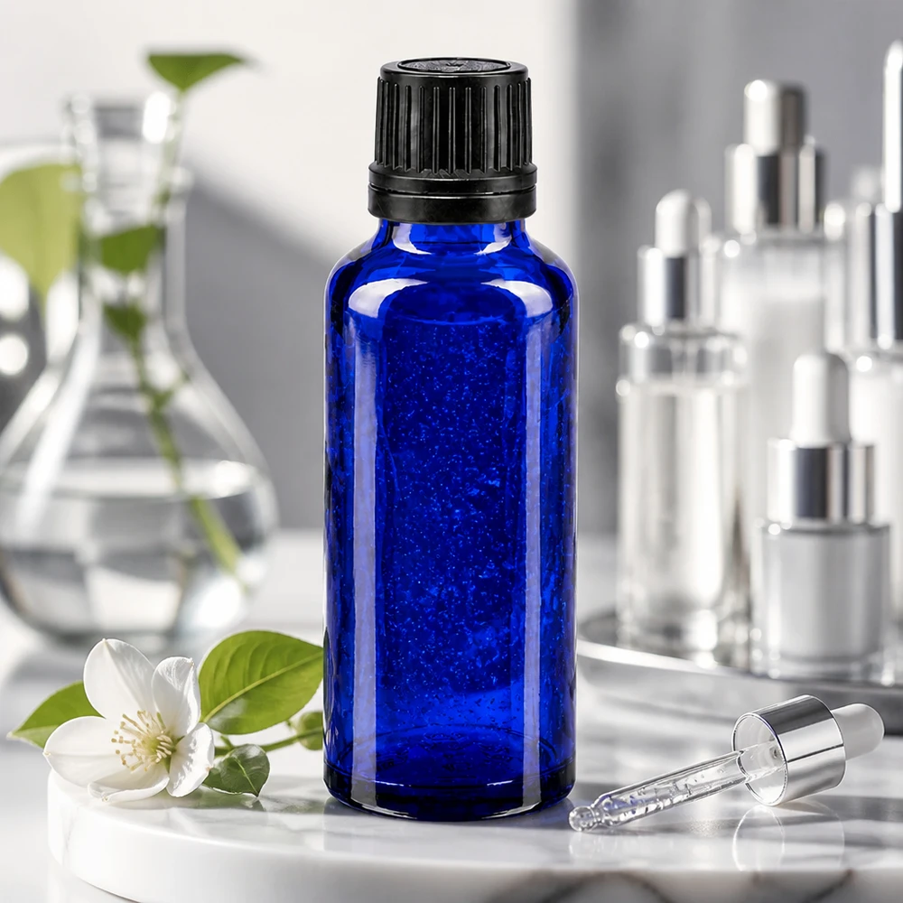 Bouteille de pharmacie bleue 30ml bouchon vissable noir bouchon d'inviolabilité Flacon compte-gouttes de 30 ml en verre d'apothicaire bleu cobalt, muni d'un bouchon d'inviolabilité noir et d'une pipette