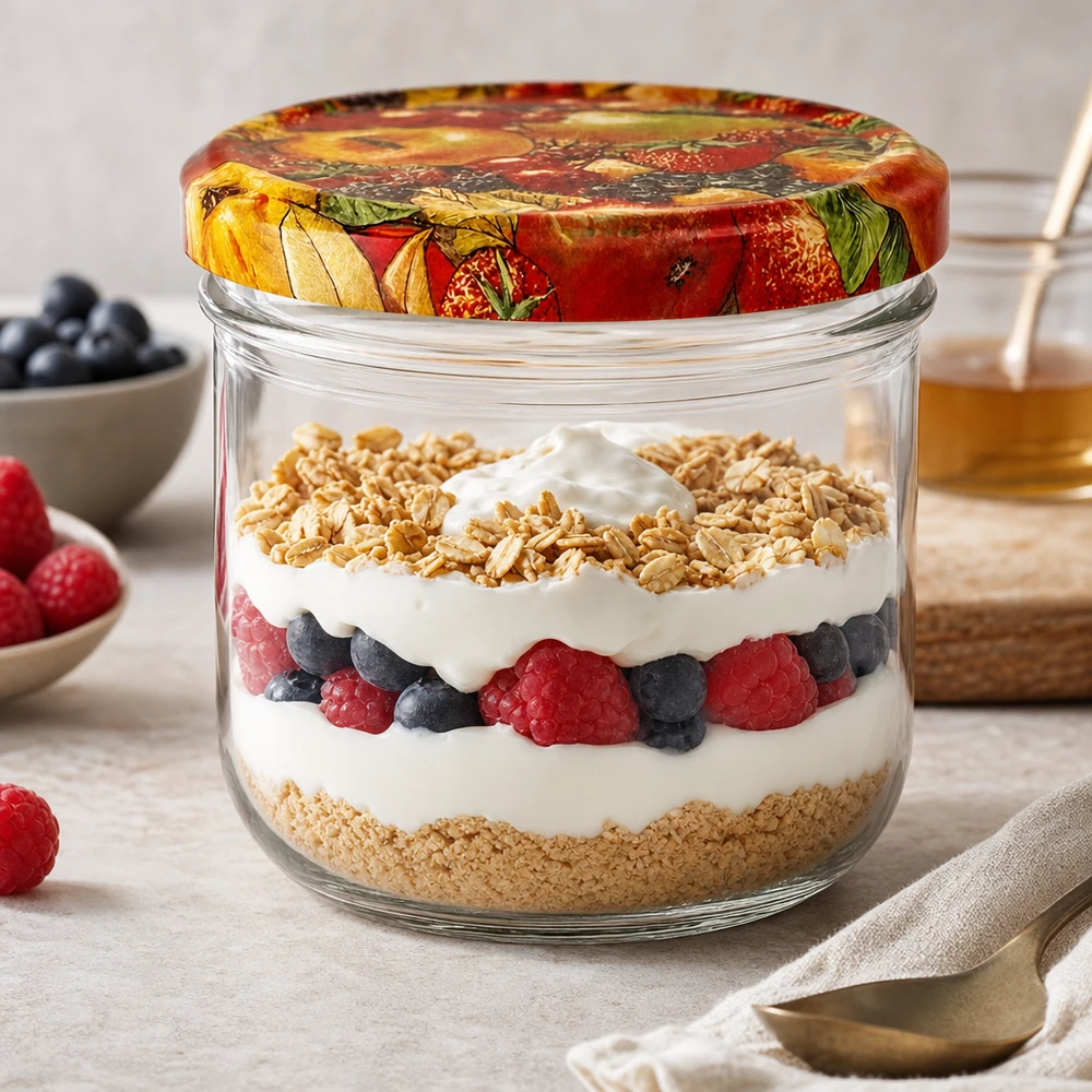 260ml Verre conique avec couvercle BasicSeal décor fruits UNiTWIST 260ml Verre renversé décor fruits comme verre à dessert avec yaourt baies et granola dessert en couches sur le plan de travail de la cuisine