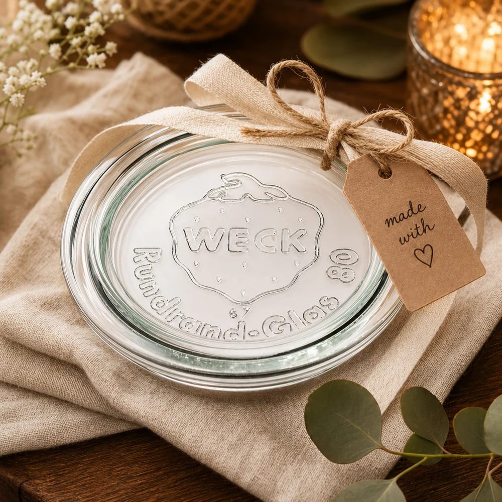 Couvercle en verre WECK RR80 WECK Couvercle en verre RR80 emballé comme cadeau avec boucle en jute et pendentif made with love décoré sur toile de lin