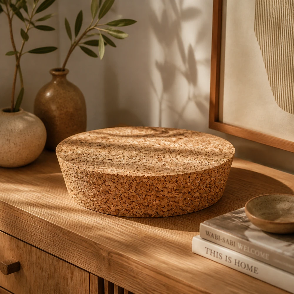 Bouchon pour ouverture 75mm WECK RR80 (ø72/82, H=20mm) WECK RR80 Bouchon liège naturel sur commode en bois avec livres et vases en céramique décoration moderne de la maison ouverture 75mm