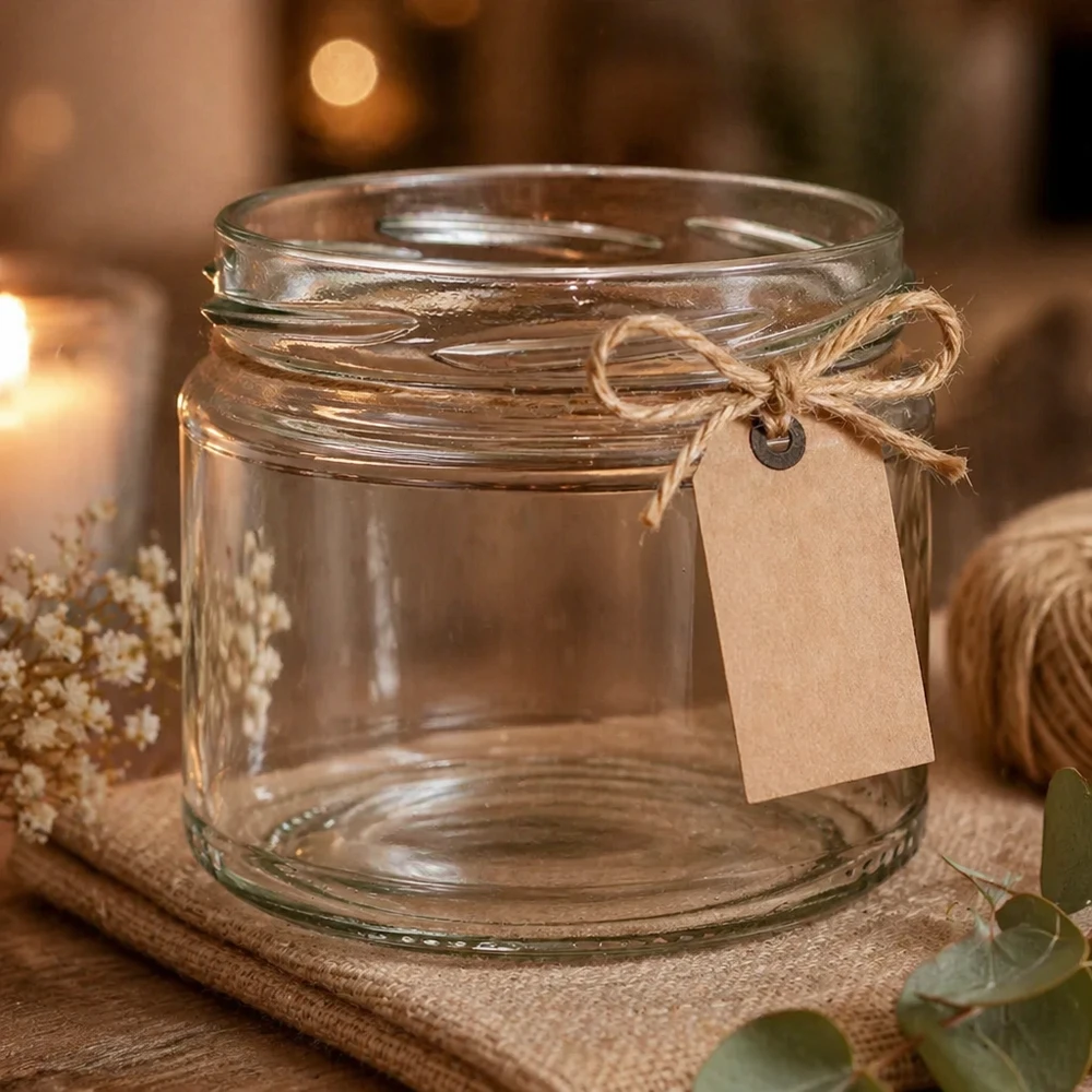 UNiTWIST Runda330 Verre rond décoratif avec ruban de jute et pendentif sur fond bois arrangé de façon stylisée