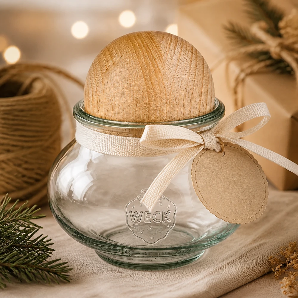 WECK Pot de conservation 560ml RR80 Sphère en bois hêtre Emballage cadeau noeud Décoration de Noël présentation festive