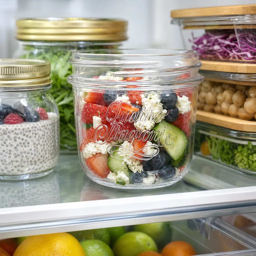 200ml Verre rond "Quattro Stagioni" QS86mm Pot à bijoux Quattro Stagioni de 200 ml avec de la salade fraîche dans le réfrigérateur à côté d'autres bocaux contenant des aliments