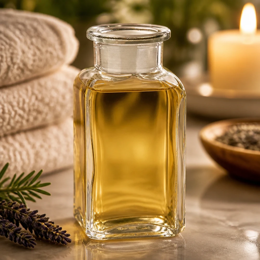 Bouteille en verre transparent de 100 ml, de forme carrée, à col large et bouchon, à côté de la lavande et d'une bougie