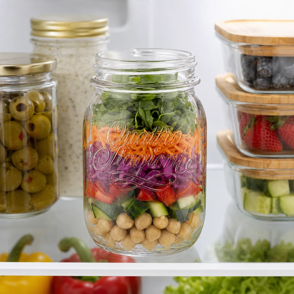 500ml Verre rond "Quattro Stagioni" QS70mm 500ml Quattro Stagioni bocal ménager rempli de salade en couches dans le réfrigérateur à côté d'autres bocaux de stockage
