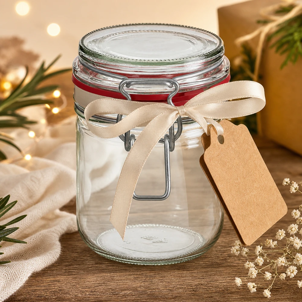 Bocal à provisions décoratif de 400 ml avec ruban couleur crème et étiquette cadeau pour les occasions spéciales