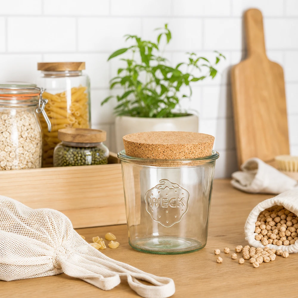 WECK Bocal à provisions 580ml RR100 avec couvercle en liège dans la cuisine durable Zero Waste avec sacs en tissu et légumineuses