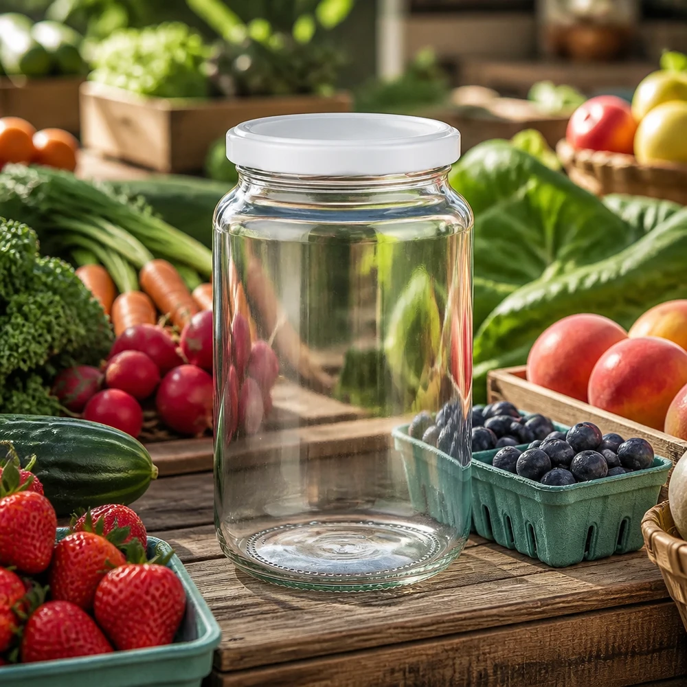 382ml Verre rond avec couvercle BasicSeal blanc UNiTWIST 382ml UNiTWIST Verre rond vide avec couvercle blanc BasicSeal entre des fruits et légumes frais sur une table en bois