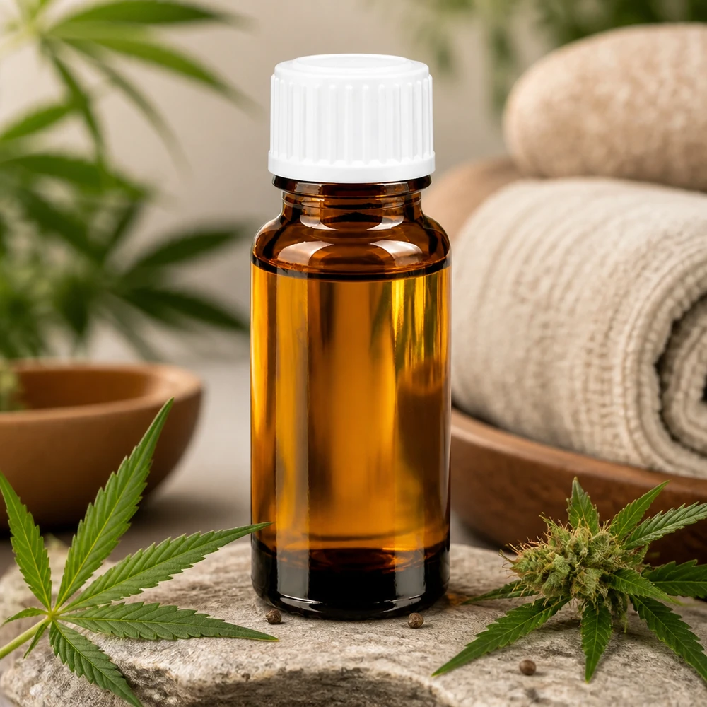 Flacon de pharmacie brun 10ml bouchon compte-gouttes blanc 0.8mm standard Flacon compte-gouttes marron de 10 ml avec un bouchon blanc, à côté de feuilles de cannabis et de pierres naturelles