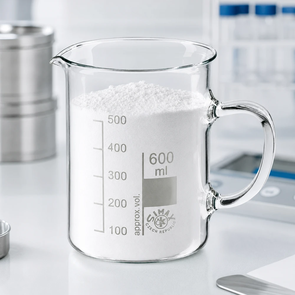 Bécher de 600 ml avec anse, rempli de poudre blanche, posé sur un plan de travail blanc de laboratoire