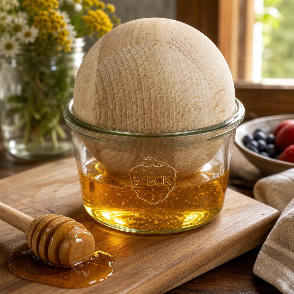 370ml bocal conique WECK RR100 avec boule en bois en hêtre WECK Pot à miel de 370 ml avec boule de hêtre sur planche en bois à côté de la cuillère à miel Décoration de cuisine naturelle
