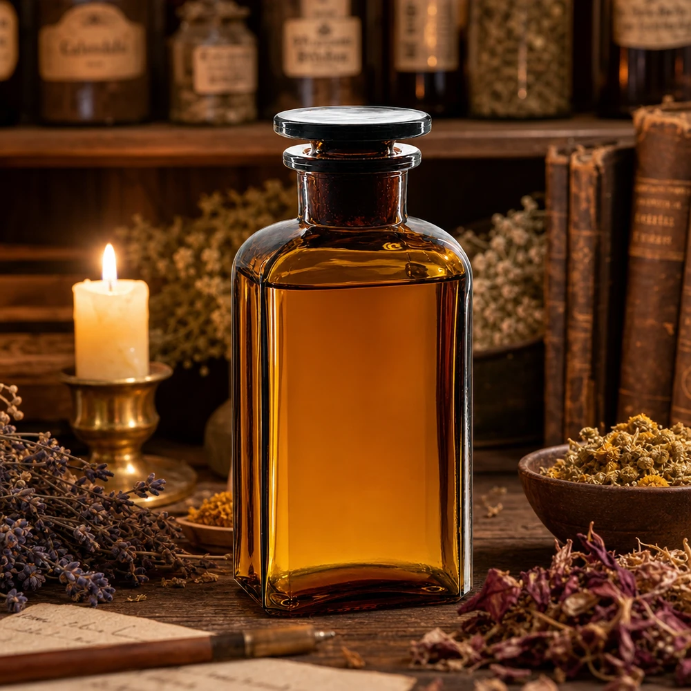 Flacon carré col large 250 ml + bouchon RIN, verre ambré Flacon en verre brun à col large, de 250 ml, de forme carrée, muni d'un bouchon, destiné aux huiles aux herbes et aux teintures