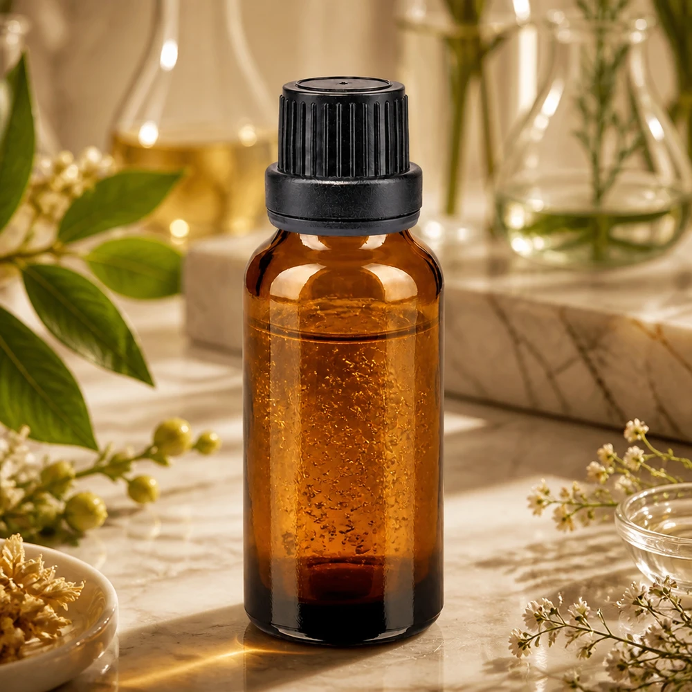 Flacon de pharmacie de 20 ml couleur ambre, muni d'un bouchon à vis noir, posé sur du marbre au milieu d'herbes médicinales