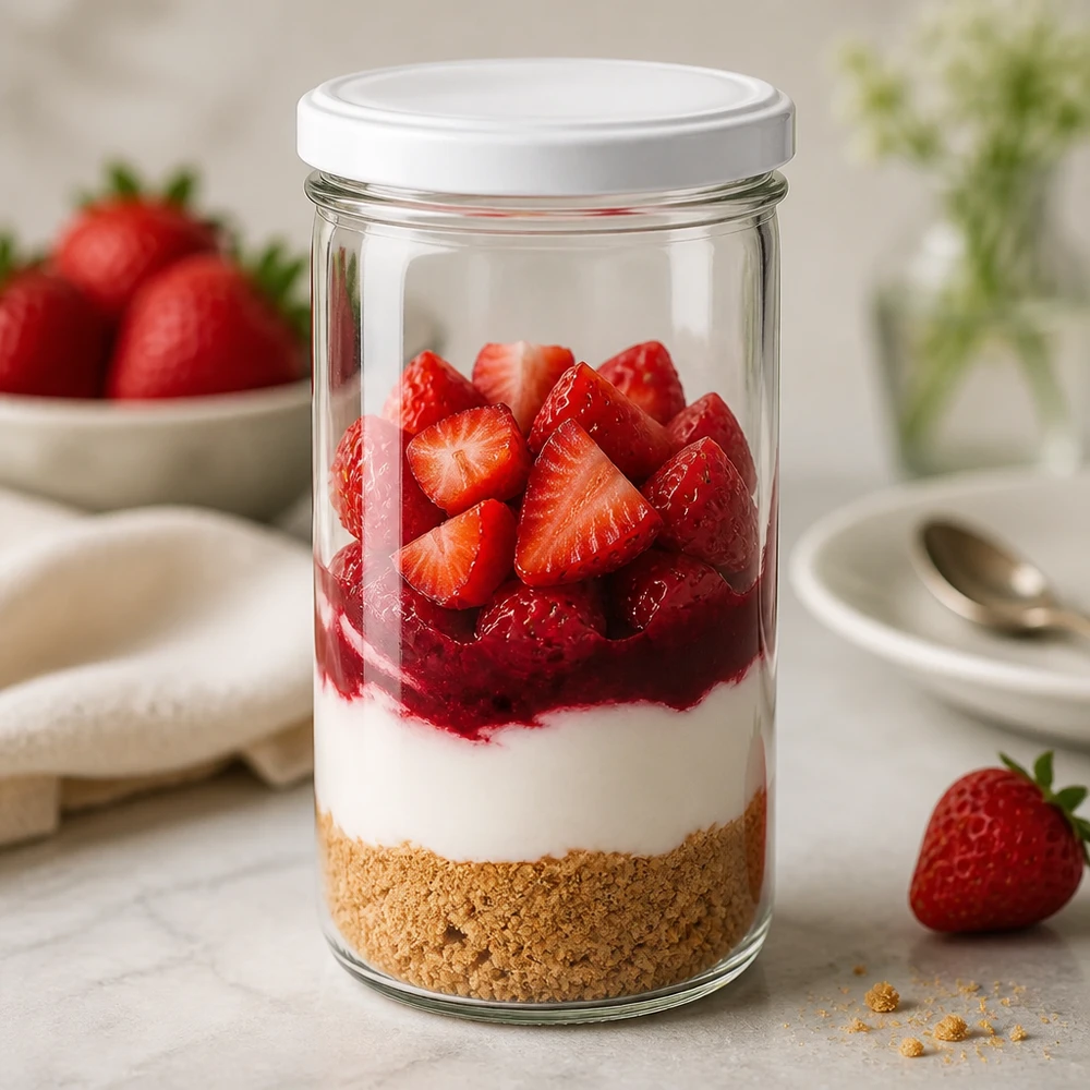Verre renversé de 277 ml rempli de dessert aux fraises - Dessert en couches dans un bocal avec un fond de biscuits et des fruits frais