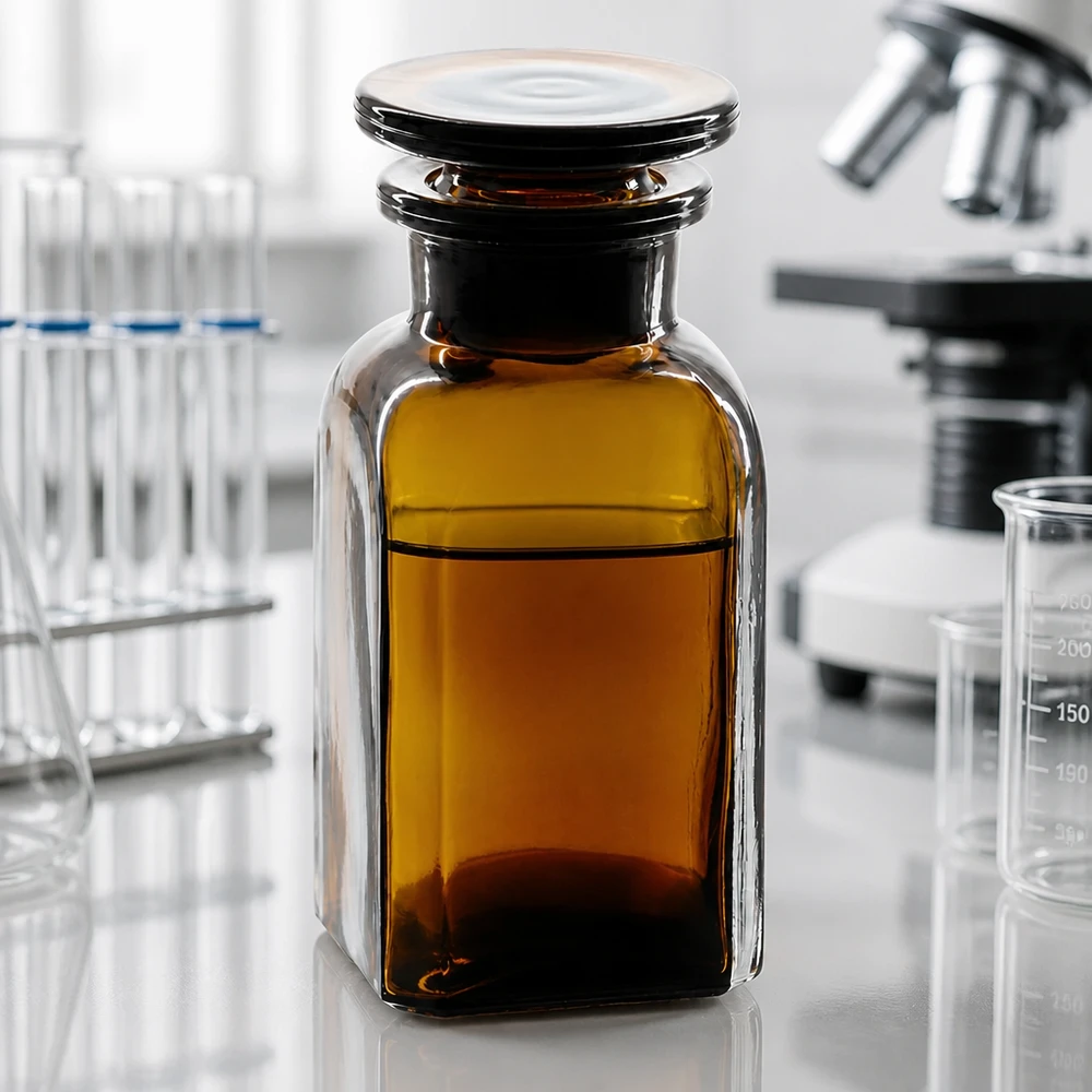 Flacon opacifiante de 100 ml en verre ambré, de forme carrée, muni d'un bouchon en verre hermétique, destiné aux produits chimiques de laboratoire