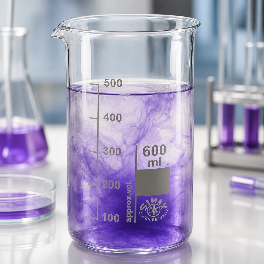 Bécher 600ml en verre borosilicate résistant à la chaleur (forme haute) Bécher de 600 ml, forme haute, en verre borosilicaté, contenant un liquide violet et muni d'une graduation, utilisé en laboratoire