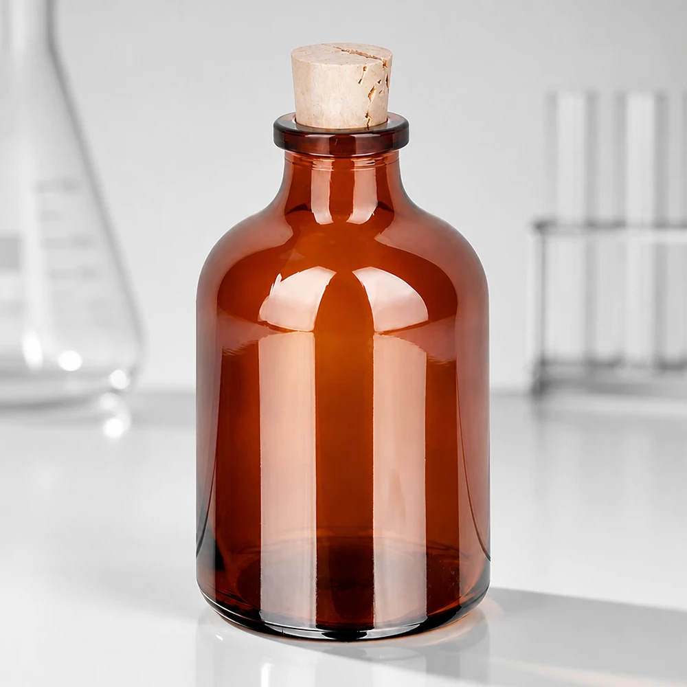 Bernsteinfarbene Laborflasche 50ml mit Kork für Proben und Reagenzien