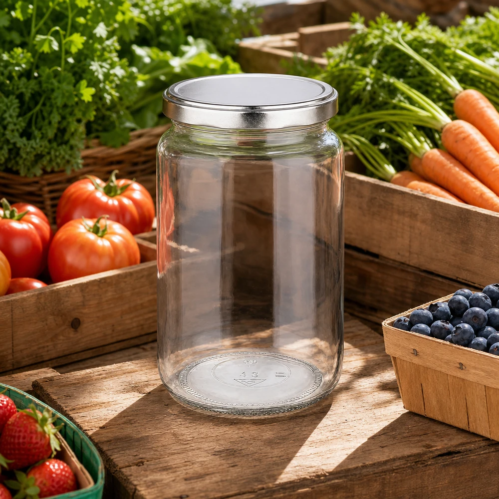 795ml Verre rond avec couvercle BasicSeal argent UNiTWIST Bocal rond de 795 ml avec couvercle BasicSeal dans une cuisine rustique en plein air entourée de légumes et de fruits frais