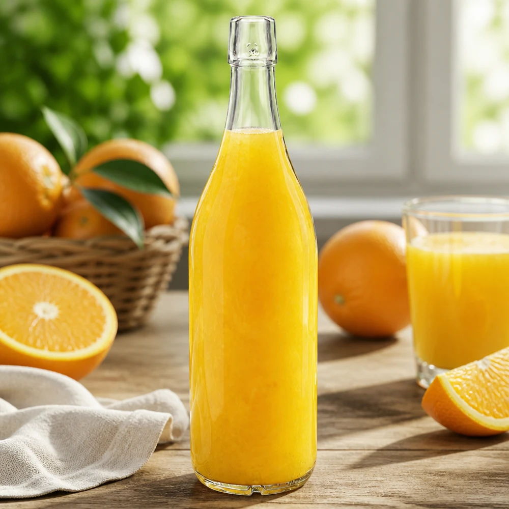 Bouteille en verre 1000ml UNiTWIST remplie de jus d'orange Oranges fraîches Table de cuisine Lumière naturelle saine