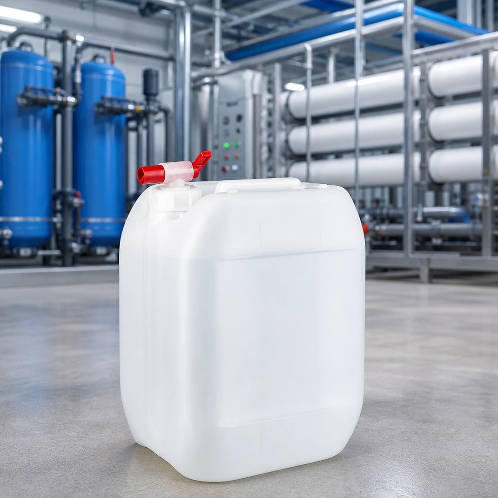 Bidon blanc de 10 litres muni d'un robinet de vidange rouge, devant une station de traitement industriel de l'eau