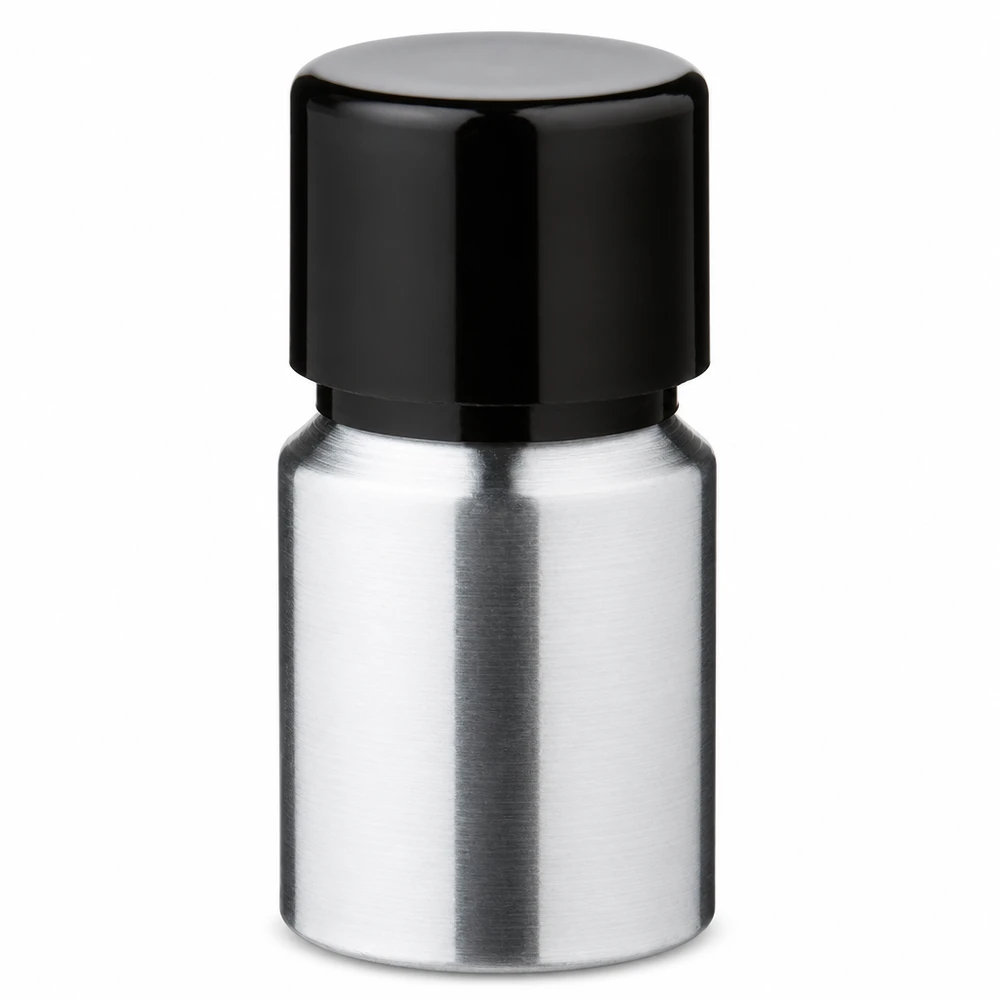 Bouteille en aluminium poncé 10 ml, avec bouchon à vis noir et joint conique Flacon compact de 10ml en aluminium brossé idéal pour les voyages et les déplacements