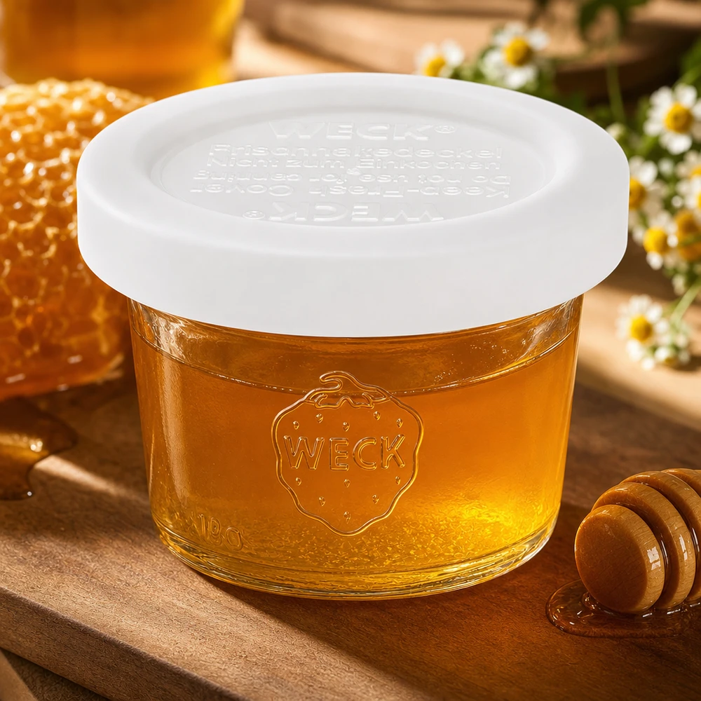 35ml bocal conique avec couvercle fraîcheur WECK RR40 WECK Verre renversé 35ml RR40 avec miel dans un environnement naturel avec nid d'abeille et camomille, présentation authentique du produit