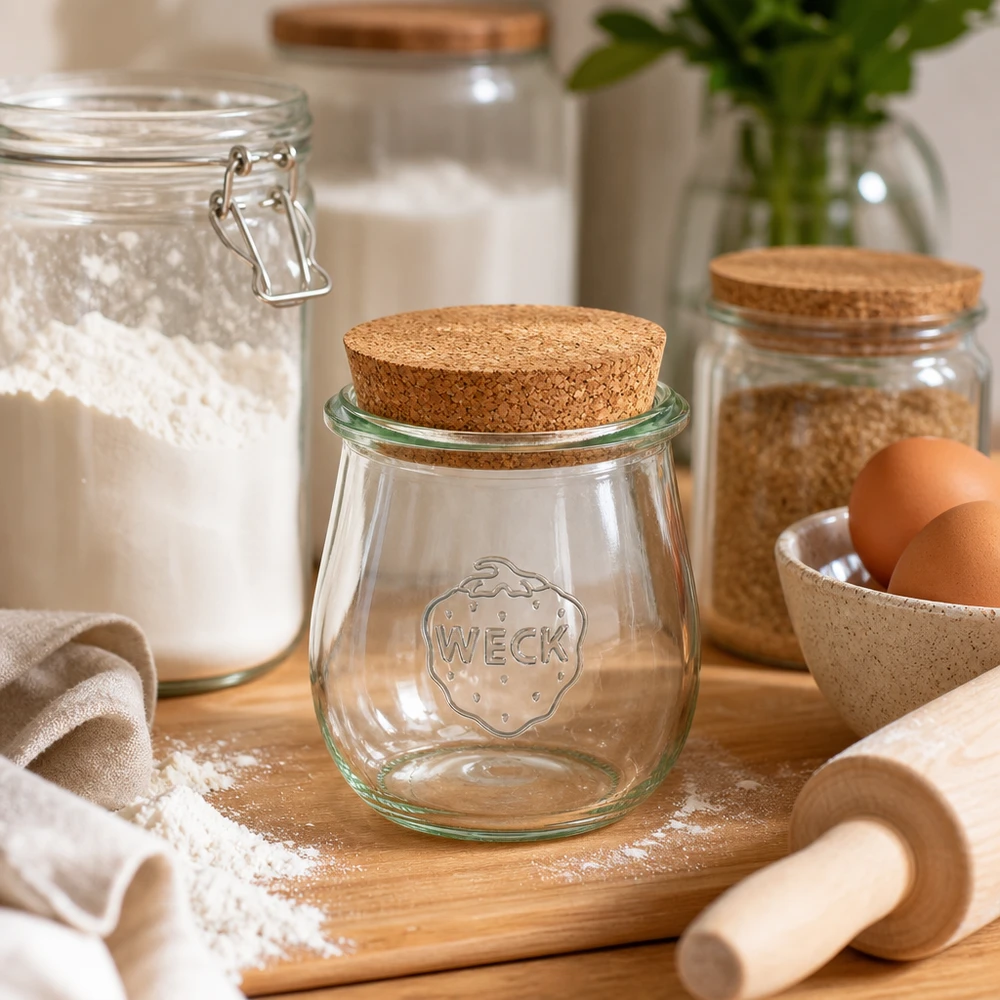 220ml bocal tulipe WECK RR60 avec bouchon nature WECK Pot tulipe 220ml RR60 avec couvercle en liège dans une cuisine rustique avec des ingrédients de boulangerie farine et œufs sur une planche en bois