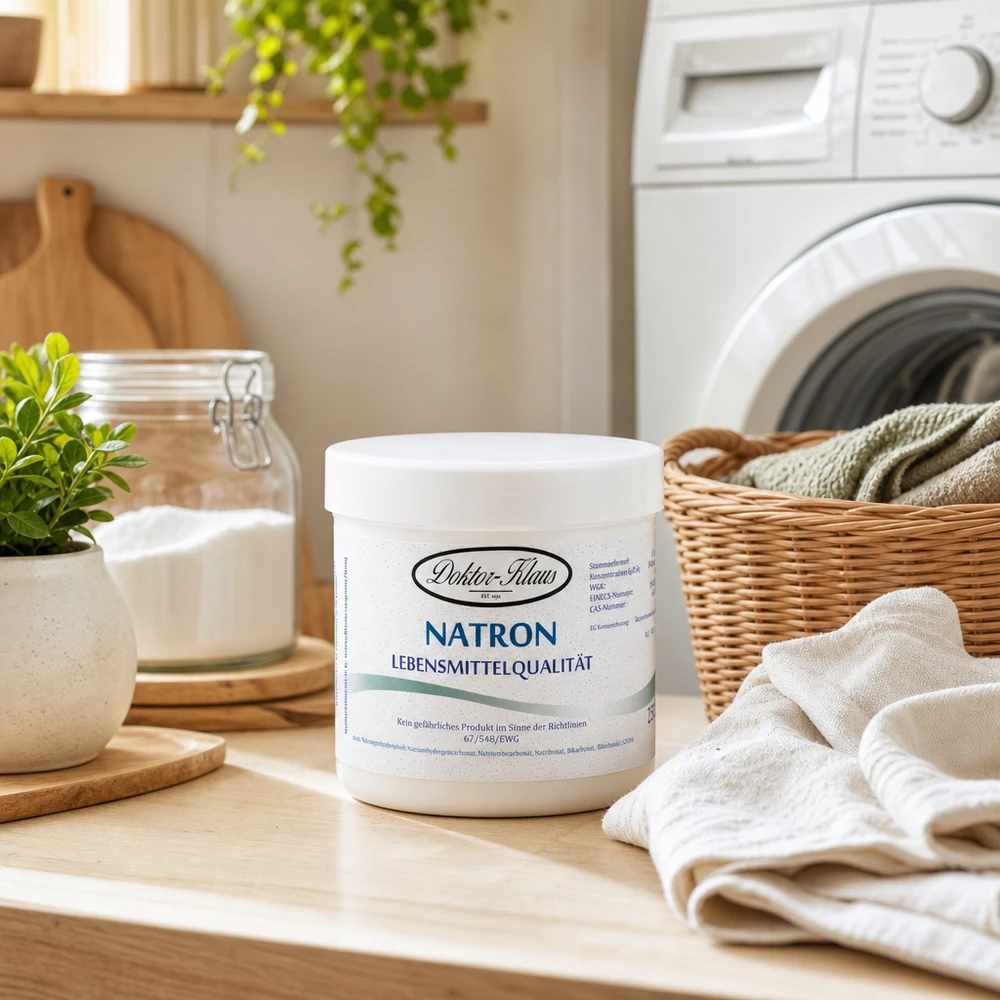 Bicarbonate de sodium du docteur Klaus, boîte de 250 g, sur le plan de travail de la cuisine, à côté de la machine à laver et du panier à linge.