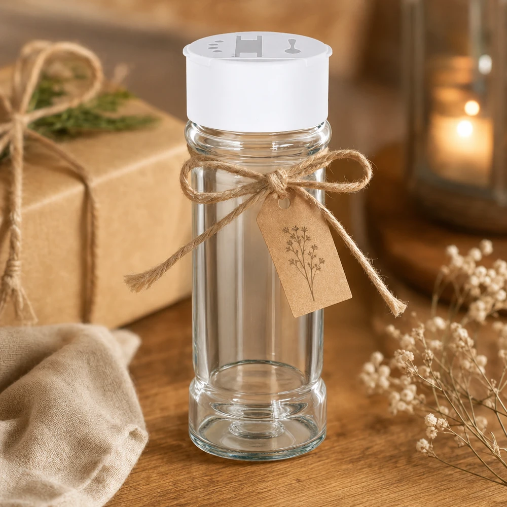 Pot à sel/épices 100 ml avec double saupoudreuse, blanc Pot à sel et à poivre de 100 ml avec saupoudreuse double blanche, présenté comme cadeau rustique et orné d'un nœud en jute