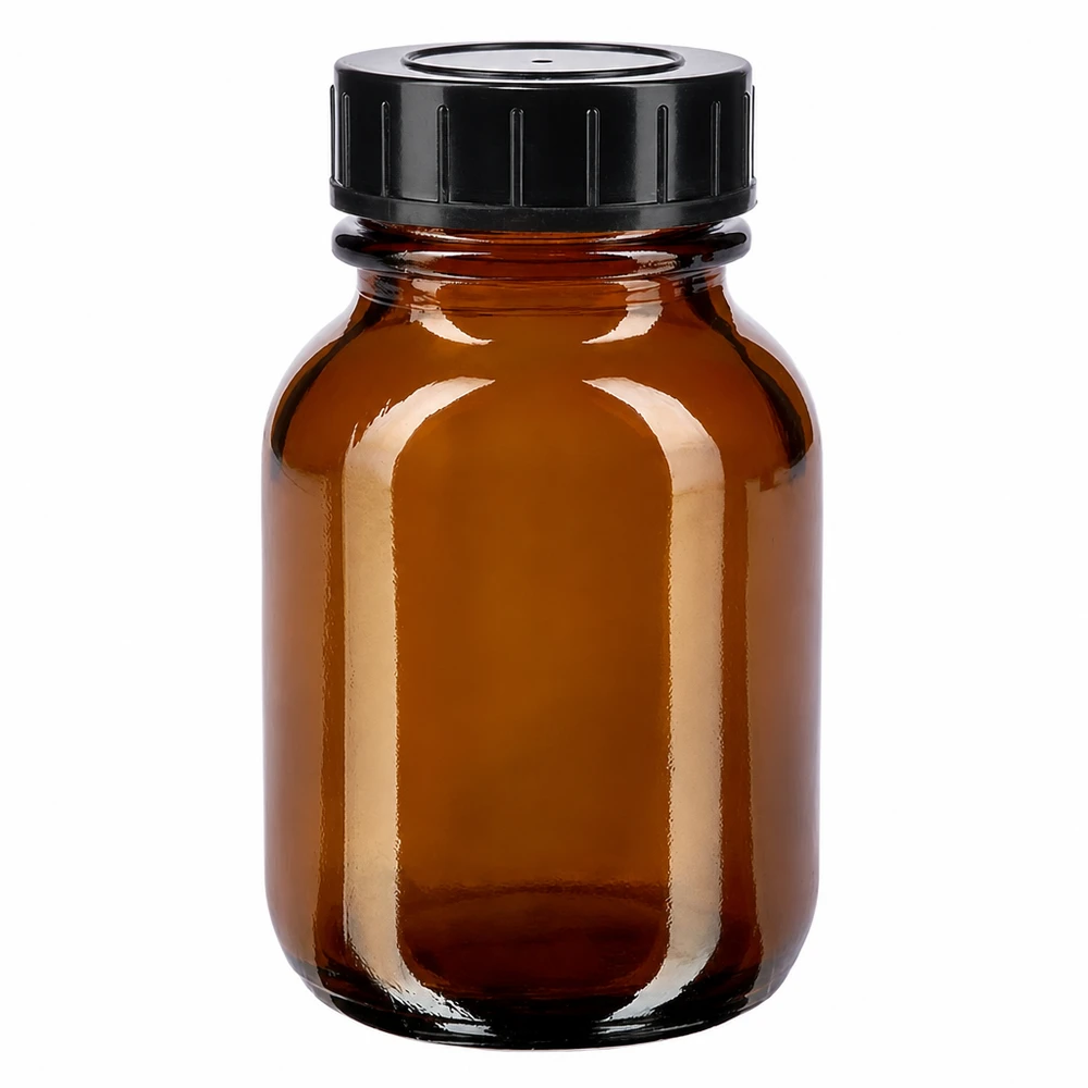 Bouteille à col large de 50 ml en verre brun avec bouchon à vis noir pour une conservation sûre