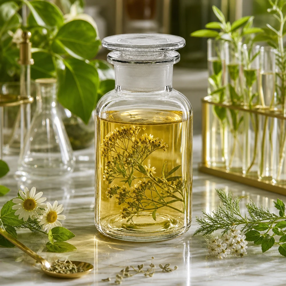 Flacon de pharmacie transparent de 250 ml avec bouchon en verre et herbes botaniques sur fond de marbre