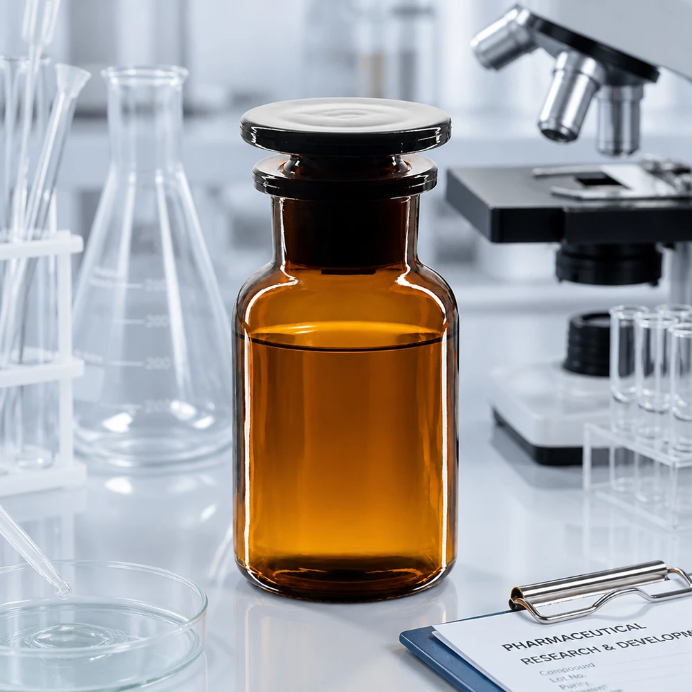 Flacon pharmaceutique en verre ambré de 100 ml à col large, muni d'un bouchon en verre, posé sur une paillasse de laboratoire blanche