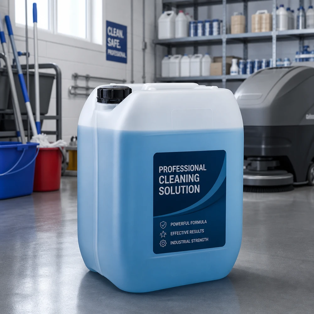 Jerrican de 10 litres avec bouchon à vis Bidon bleu de 10 litres pour produit nettoyant, muni d'un bouchon à vis, dans un entrepôt professionnel