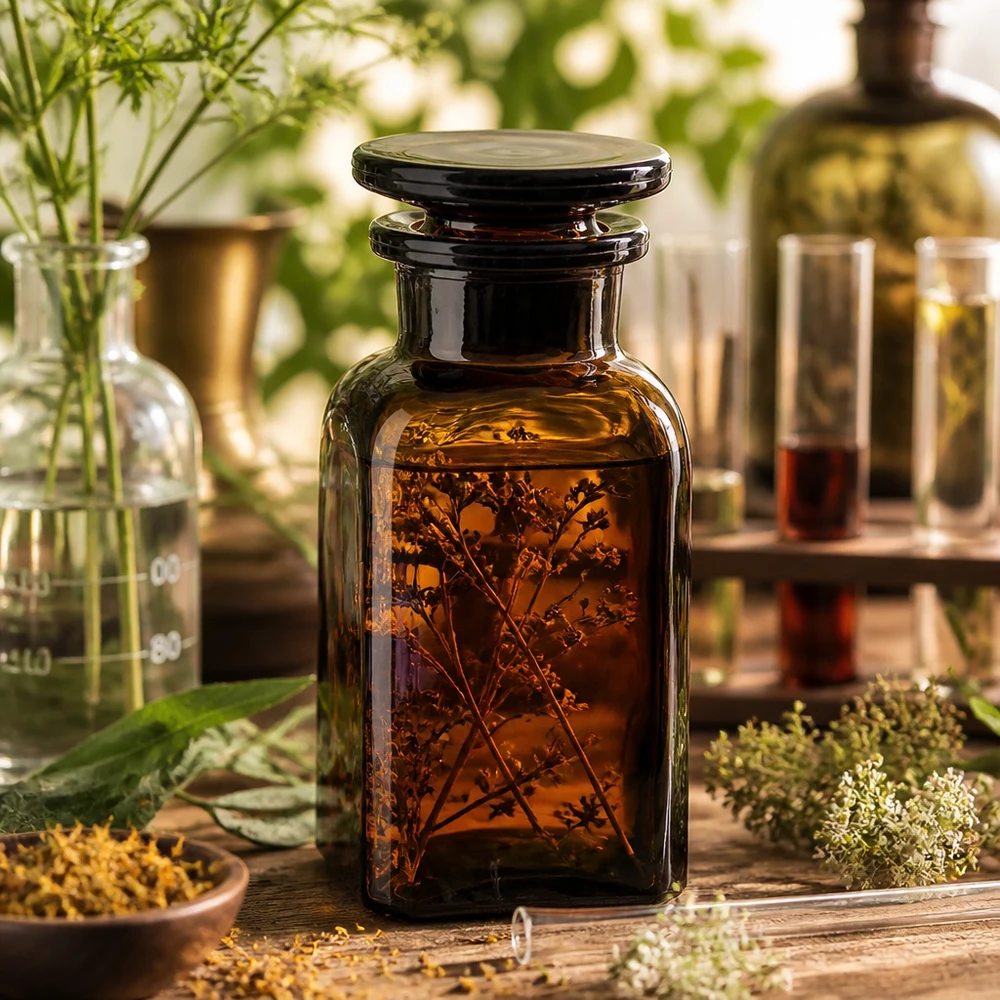 Flacon carré col large 100 ml + bouchon RIN, verre ambré Flacon carré de 100 ml contenant une teinture à base de plantes, en verre d'apothicaire brun avec bouchon en verre