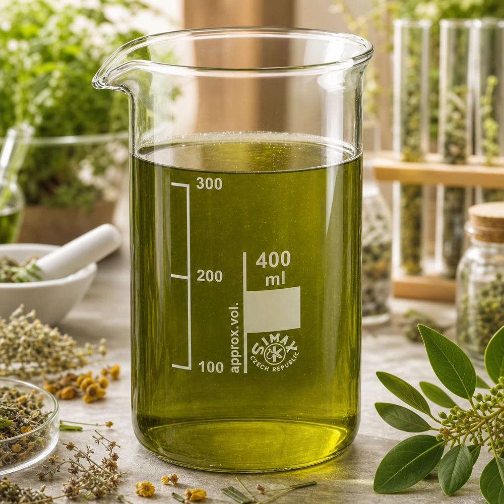 Bécher 400ml en verre borosilicate résistant à la chaleur (forme haute) Verre à bec de 400 ml, de forme haute, contenant un extrait d'herbes vert, entouré de plantes médicinales fraîches et de fleurs séchées