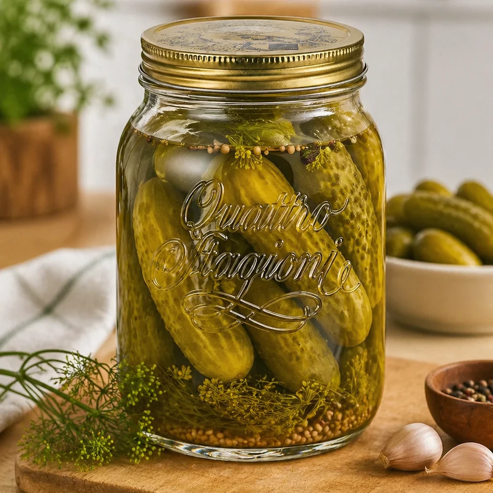 2000ml verre rond "Quattro Stagioni" avec couvercle Quattro Stagioni 2L Pot de conservation avec cornichons marinés et aneth - Pot de conservation pour cornichons maison
